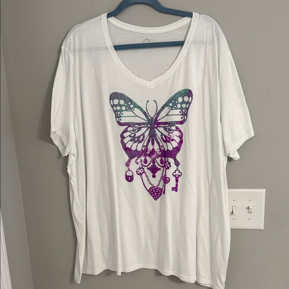 Just My Size White Tee with Purple Butterfly Design